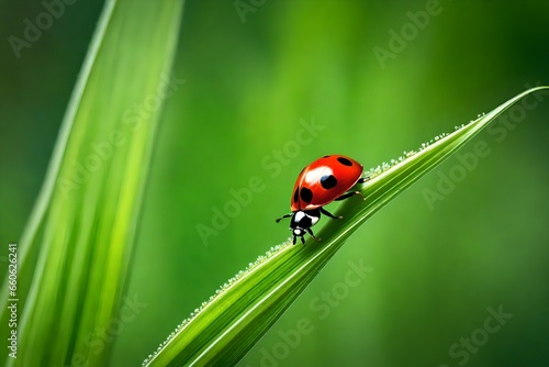 a ladybug crawling on a blade of grass.