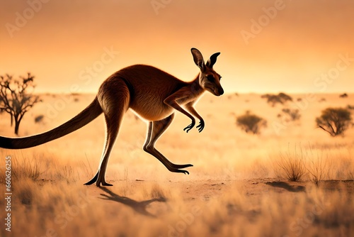 A brave kangaroo hopping through the outback at the time of sunset.