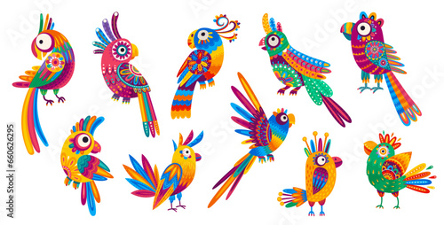 Cartoon Mexican and Brazilian parrot characters, kids funny birds with vector colorful ornament pattern. Mexico or Brazil parrot birds with folk ethnic ornament or Latin alebrije art on tropical birds