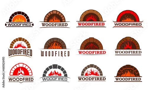 Firewood fireplace, chimney and woodfired hearth vector icons of fire in brick oven. Pizzeria, restaurant or grill bar and bakery woodfired signs of fireplace and firewood with chimney and fire flames