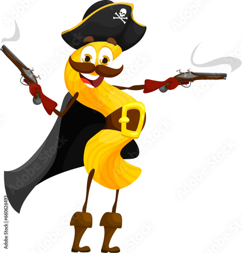 Cartoon Italian pasta pirate character, cavatappi Caribbean captain in tricorn hat, vector kids mascot. Cavatappi pasta corsair in skull crossbones hat and filibuster pistol guns with funny smile