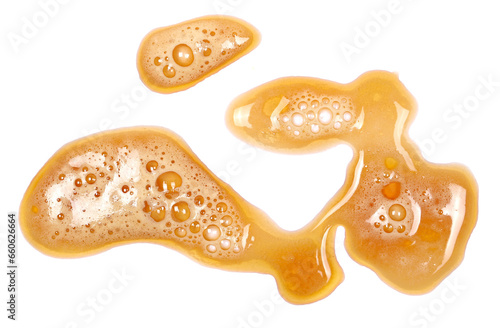 Fototapeta Spilled dark stout beer puddle  with foam, isolated on white, top view, clipping