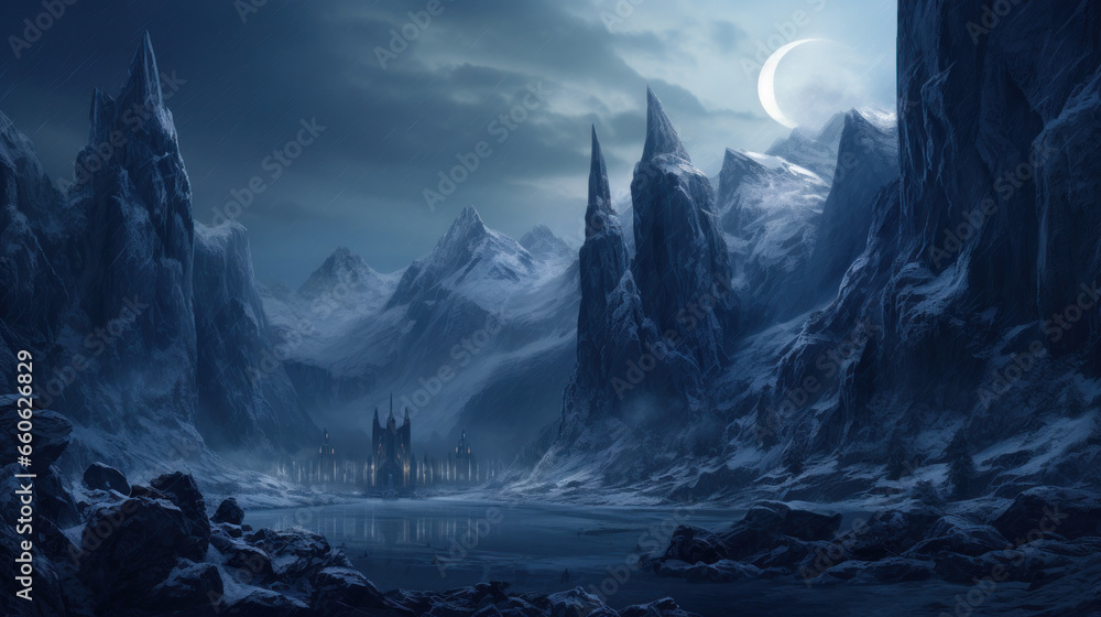 Jotunheim Realm of the Giants, Cold And Dark. Fantasy Norse Mythology And Viking Mythology. Nordic Mythology Landscape. Generative AI - obrazy, fototapety, plakaty 