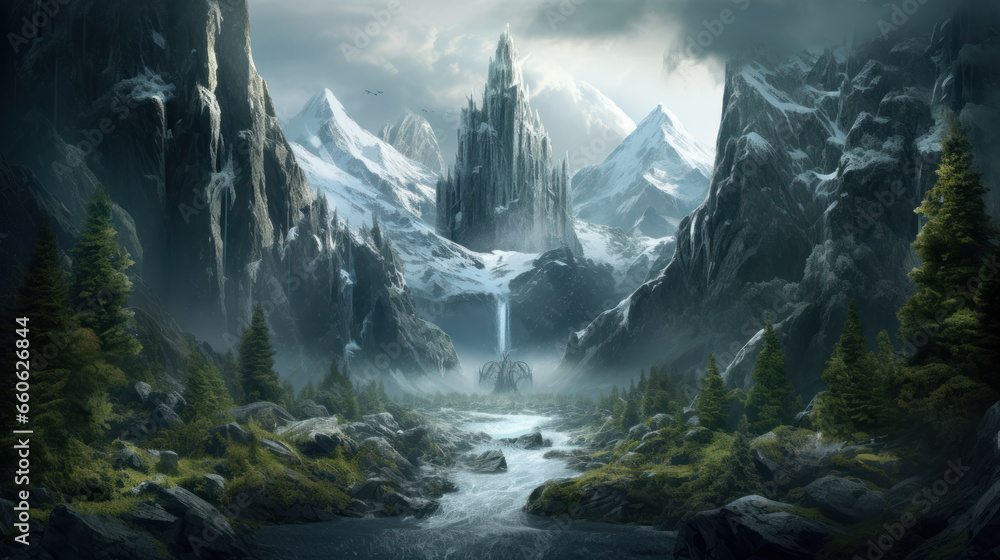 Jotunheim Realm of the Giants Of The Fantasy Norse Mythology And Viking Mythology. Nordic Mythology Landscape. Generative AI - obrazy, fototapety, plakaty 