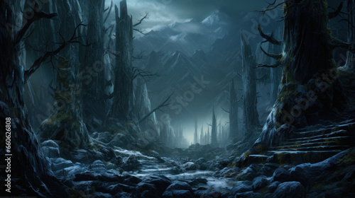 Jotunheim Realm of the Giants. Fantasy Norse Mythology And Viking Mythology. With Big Trees. Nordic Mythology Landscape. Generative AI