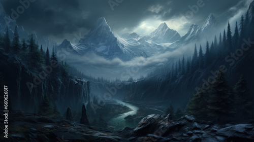 Jotunheim Realm of the Giants, Cold And Dark. Fantasy Norse Mythology And Viking Mythology. Nordic Mythology Landscape. Generative AI