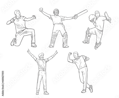 cricket players cheering and celebrating action figure line art illustrations