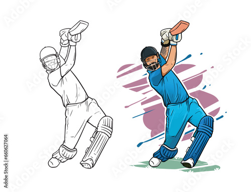 Cricket player hitting the ball action figure detailed vector illustration 