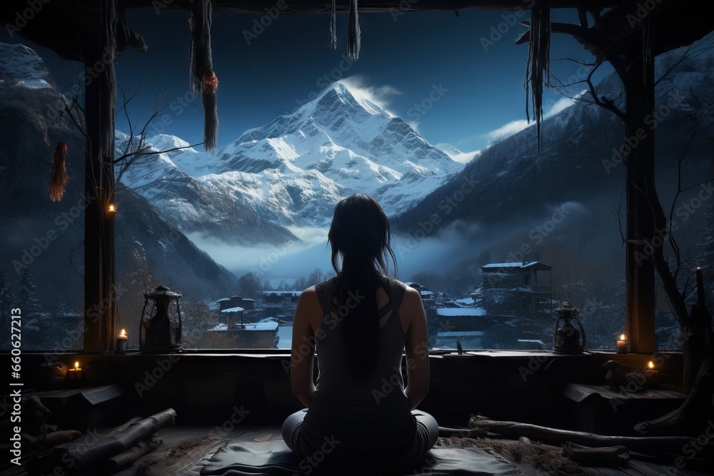 Fototapeta premium Peaceful meditation spot overlooking a striking snowy mountain, decorated with rustic charm