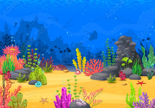 Cartoon underwater landscape, arcade game level vector background with tropical coral reef and ocean animals. Sea water waves, fish and dolphins, seaweed, jellyfish, starfish and seashell, game asset