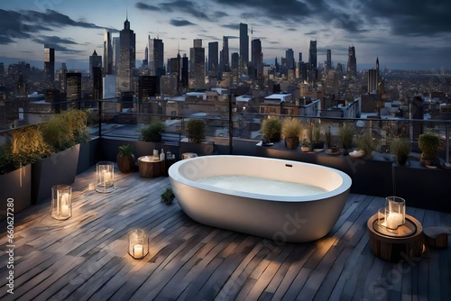 a rooftop terrace with a  tub and panoramic city views.