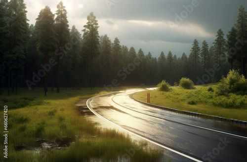 Landscape with empty road through woods. Travel. Created with Generative AI