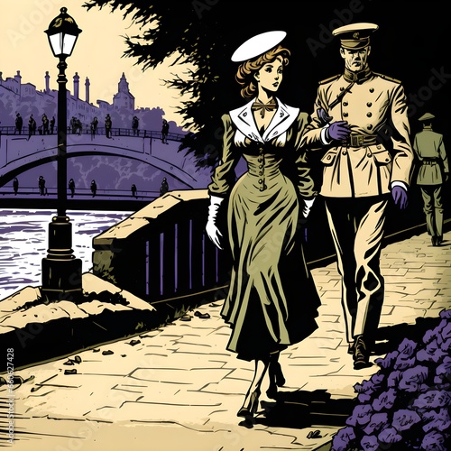 A young soldier and a young woman walk along the embankment at the beginning of the 20th century comic style  photo