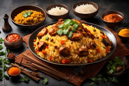 an exotic plate of biryani with all the ingredients.