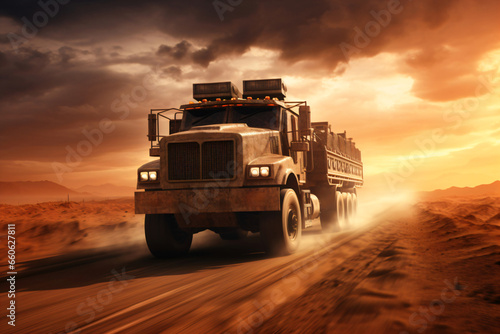 fast military truck driving on the desert road at sunset