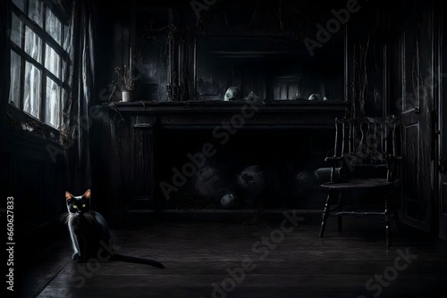 a black cat in a haunted house background. © Fahad