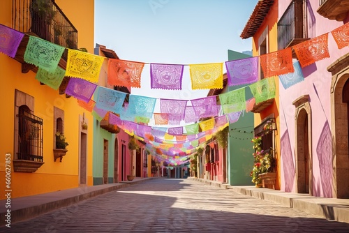 Picturesque cobblestone street lined with brightly colored buildings and festive papel picado banners