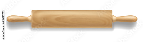 Rolling pin isolated 3d vector mockup. Realistic kitchen utensil used to roll out and flatten dough for baking made of wood with two handles on either end and a cylindrical shape, for creating bakery