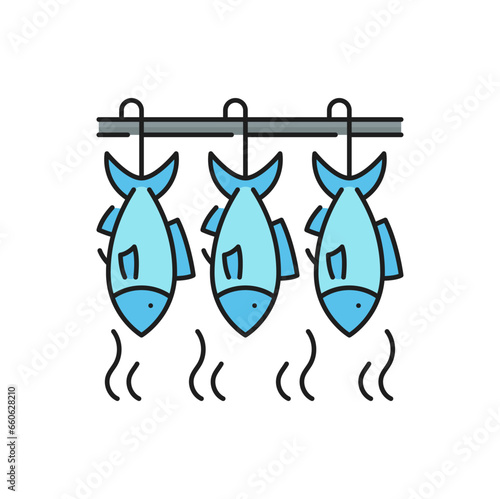 Fishing industry smoked or dried fish line icon. Seafood production industry, offshore fishing business or manufacture industry line vector icon. Fish food processing outline symbol or sign
