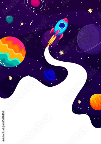 Space rocket launch, business start up theme. New idea, project or product startup, launch innovation vector background of cartoon spaceship flying up with smoke and fire boost, galaxy planets, stars