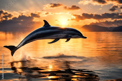 a joyful dolphin leaping out of the water in front of a setting sun.