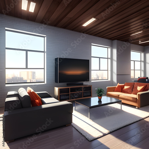 Urban Loft Style House Interior Design Project with Complete Furniture and Appliances. generative AI. generative AI