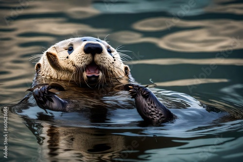 A playful sea otter floating on its back.