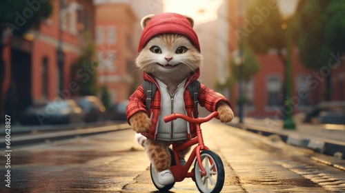 A cat is riding a bike on the street