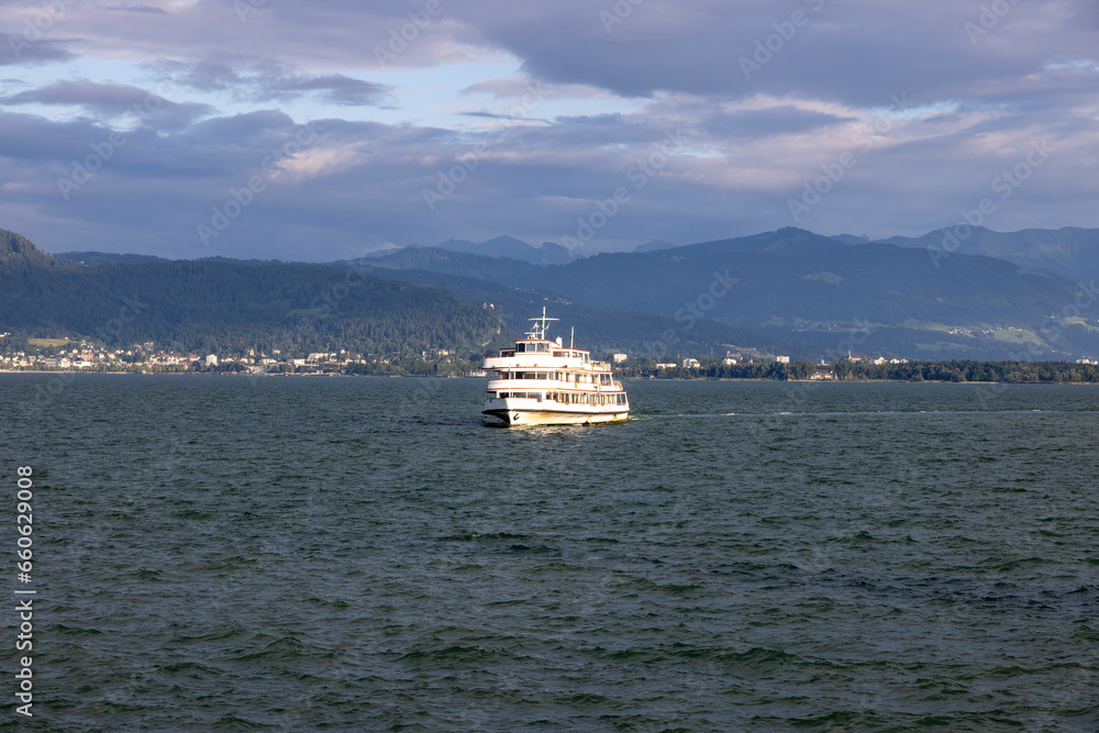 Lindau, with a view of an excursion boat and Lake Constance towards Bregenz and the Alps