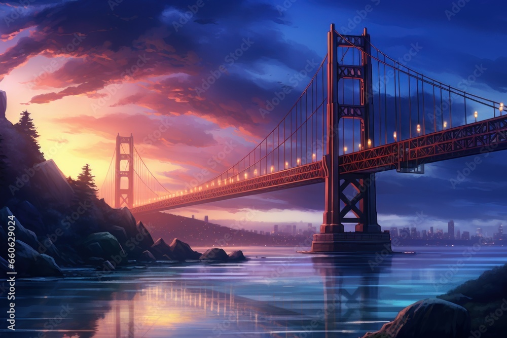 Fototapeta premium Urban bridge background. Nature calm season. Generate Ai