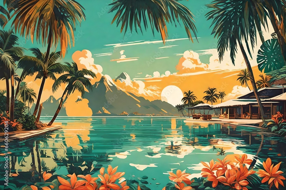 a vintage travel poster for a tropical paradise.