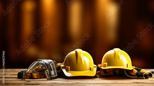 a Helmet of construction worker tools on brown wooden background.generative ai