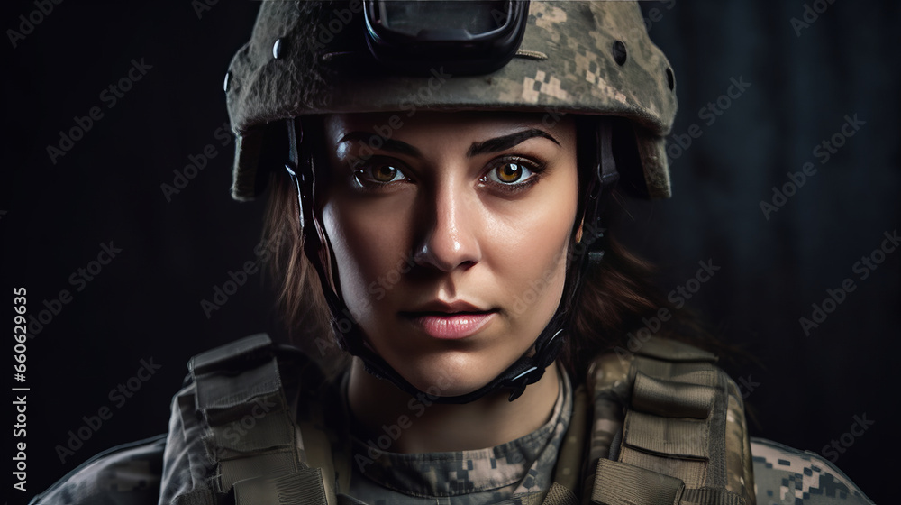 Strong woman in military attire, ready for duty. Telephoto, dark generative ai Strong woman in military attire, ready for duty. Telephoto, dark generative ai