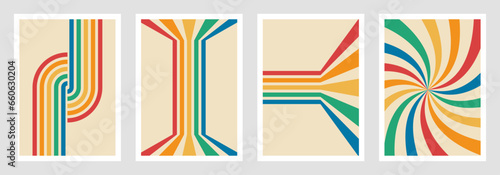 Abstract colorful background design set. Rainbow groovy wavy line pattern in 1970s Hippie Retro style. Vector illustration template for t-shirts, print, poster, layout, formal invitation.
