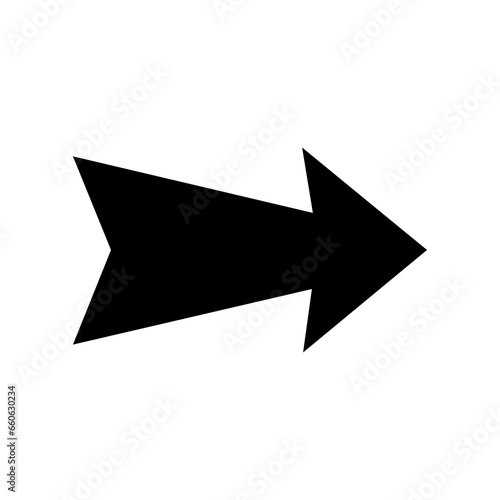 Straight pointed arrow icon with forked end. Black vector wide arrow. Black direction pointer