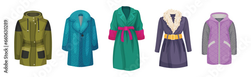 Woman Outerwear and Trendy Warm Seasonal Clothing Vector Set