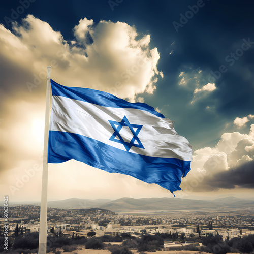 Illustration of the Israeli flag flying against the sky