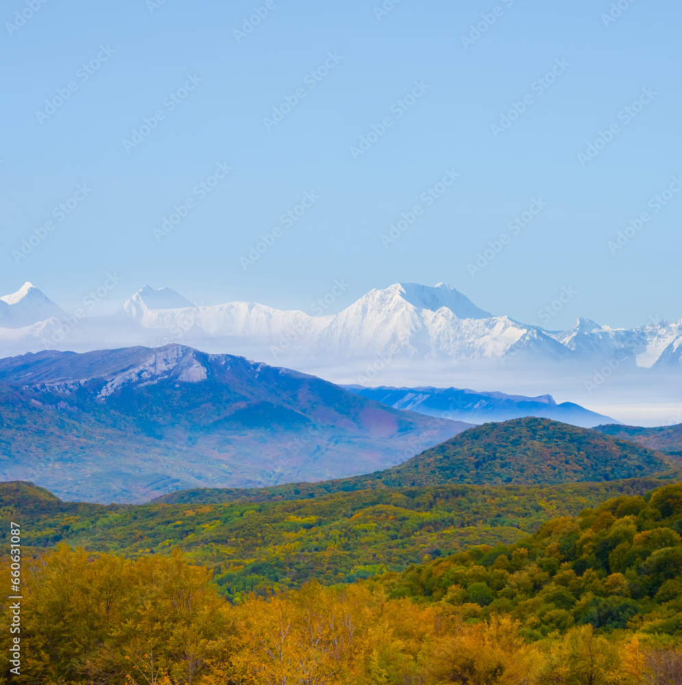 autumn mountain valley with red forest and snowbound mountain chain