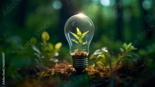 Saving energy and environment.  Tree growth in light bulb for saving Ecology energy nature. Eco and Technology concept photo