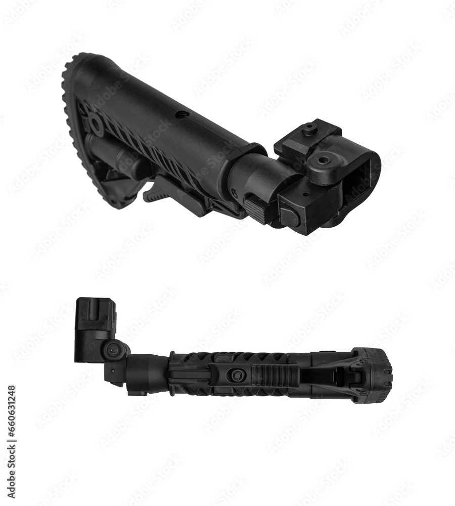 Modern plastic folding buttstock. Replaceable part of the gun. Isolate on a white back Modern plastic folding buttstock. Replaceable part of the gun. Isolate on a white back