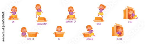 Little Girl with Carton Box as Prepositions of Place Demonstration Vector Set