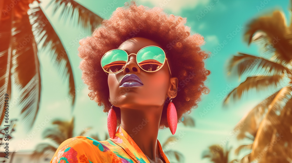 Fototapeta premium Afro african american summer fashion woman with sunglasses. Sunny day, palm and blue sky background at Miami beach. Black fashwave girl with strong face expression. Black history month of black people