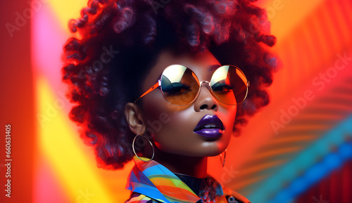 Afro pop fashion woman model with sunglasses. Black fashwave retro futurism girl with strong face expression. Vibrant colors for makeup, hairstyle and background. Extravagant beauty. photo
