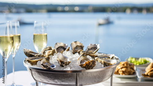 Fresh oysters with champagne served on table