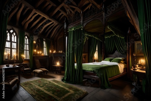 green four-poster bed, dark furniture, narrow tall window with heavy curtains, lots of furs on the floor and bed, vaulted ornate ceiling, night-lit candles