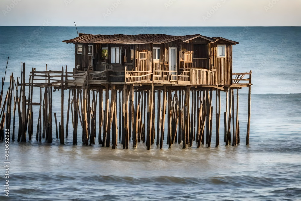 a tall skinny house on long wooden stilts, standing in the ocean