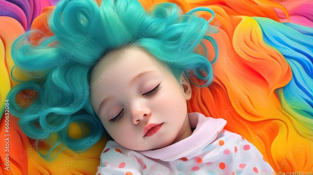 a little girl with blue hair laying on top of a rainbow colored blanket. generative ai a little girl with blue hair laying on top of a rainbow colored blanket. generative ai