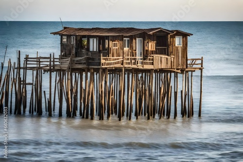 a tall skinny house on long wooden stilts, standing in the ocean © Ahtesham