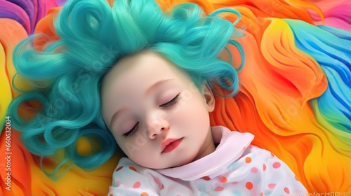  a little girl with blue hair laying on top of a rainbow colored blanket.  generative ai