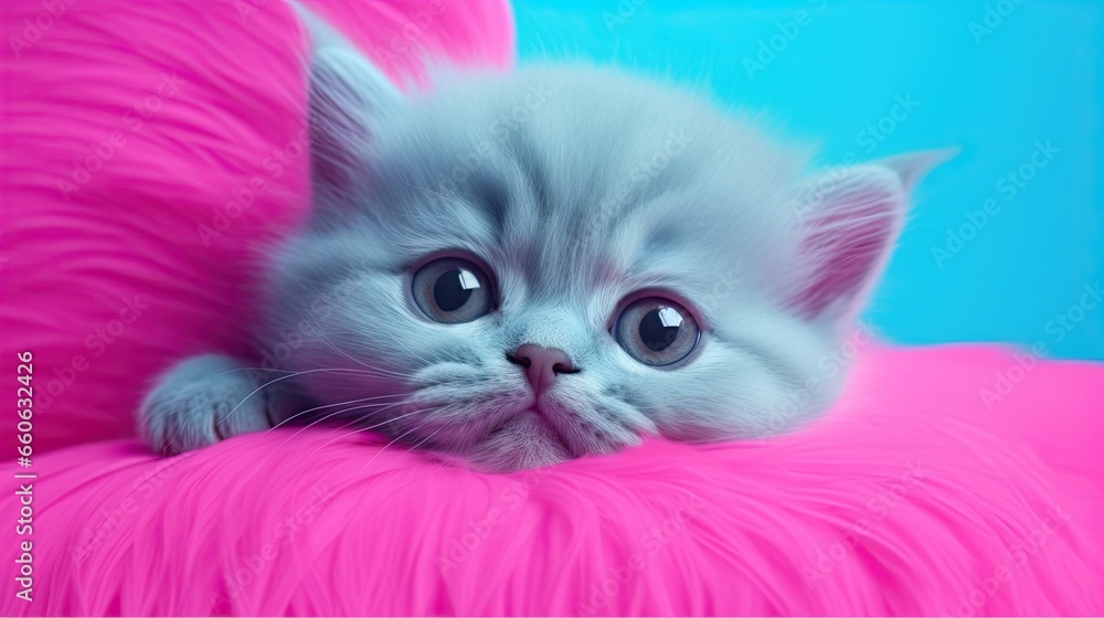 a small kitten is laying on a pink chair with big eyes. generative ai a small kitten is laying on a pink chair with big eyes. generative ai